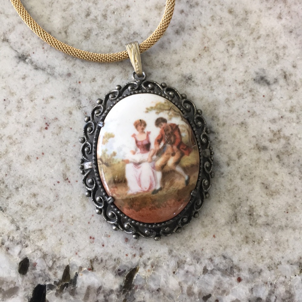 Romantic Antique Silver Cameo Necklace Pendant